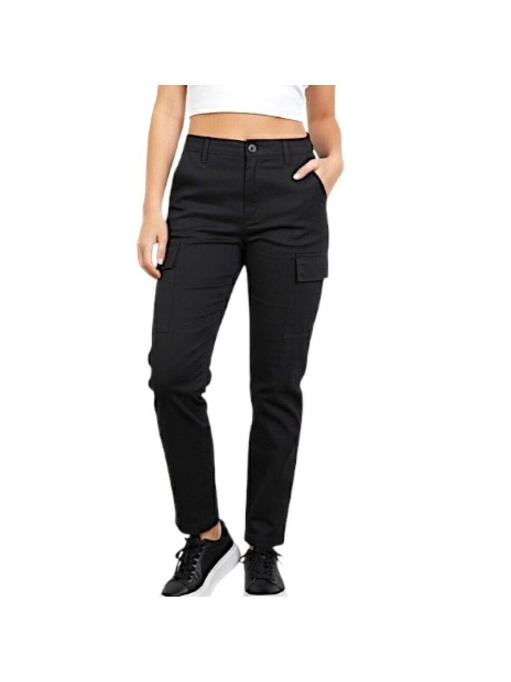 Minimalist Y2K style high rise slim straight leg black cargo pants 30